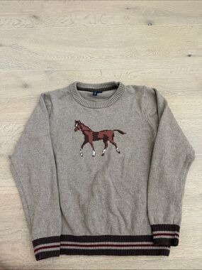 Janie and Jack Taupe Crewneck Sweater with Brown Horse Intarsia